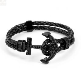 3RHEA Hand-Made Men Anchor Bracelet Genuine Leather Stainless Steel 