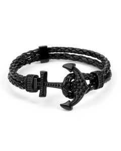 3RHEA Hand-Made Men Anchor Bracelet Genuine Leather Stainless Steel 